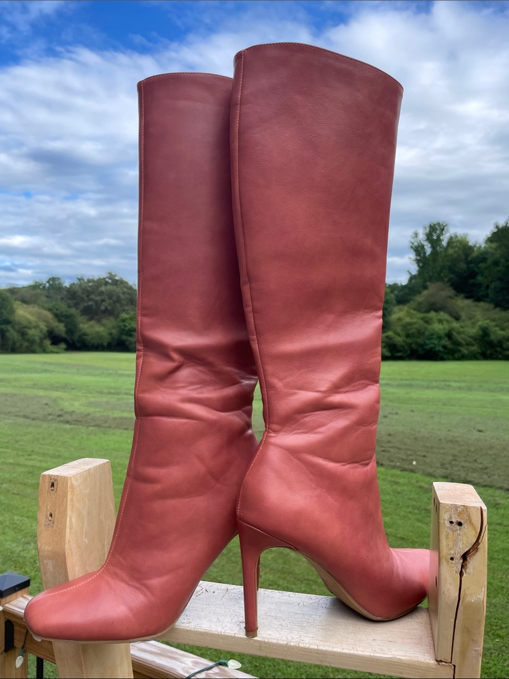 Women's High-Heel Tall Leather Boots in Rust Red
